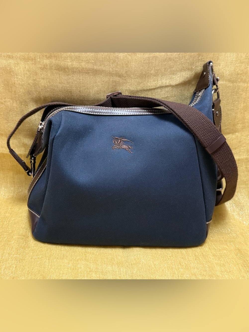 Burberry Navy Canvas Hobo Bag with Brown Accents
